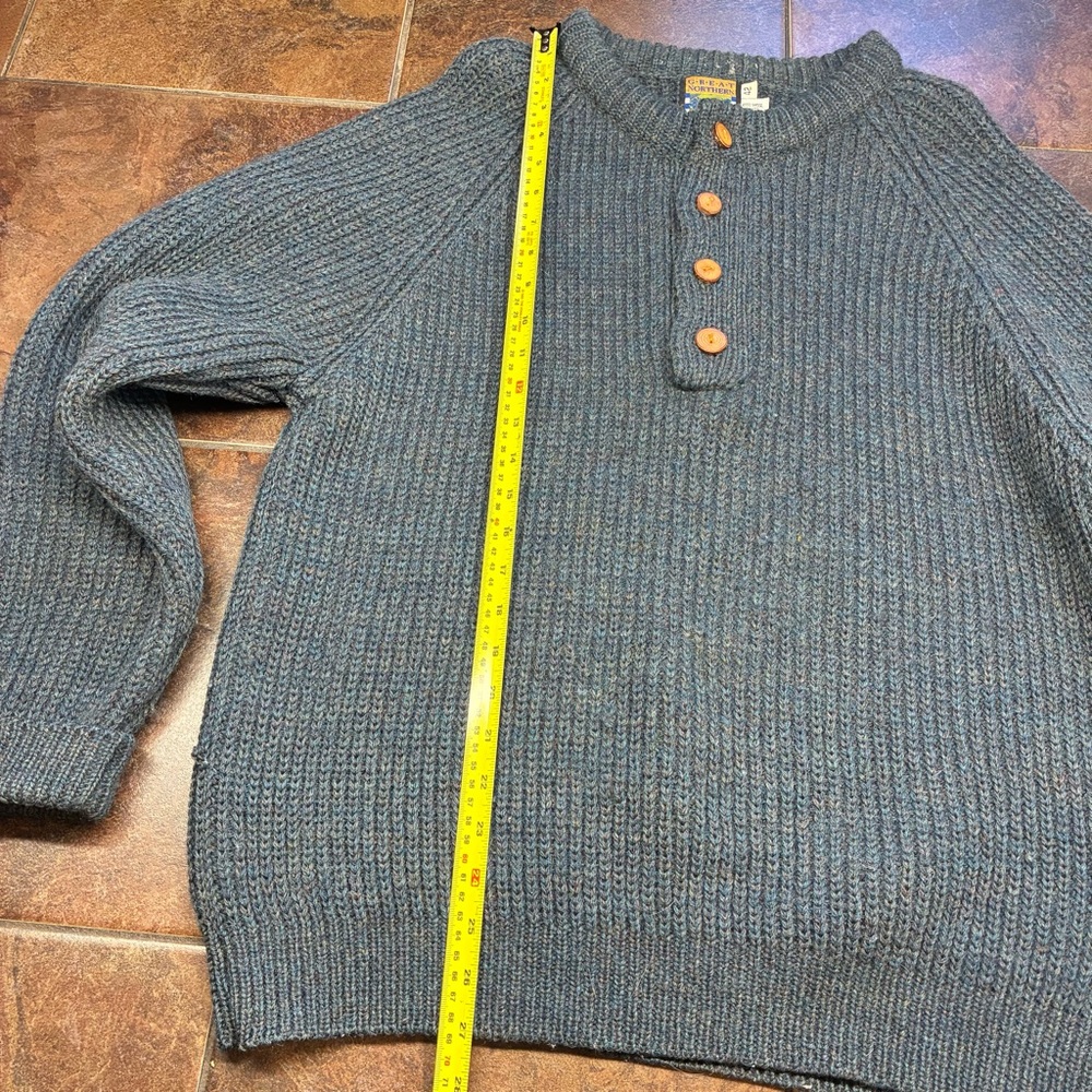 Vintage Canadian Made Wool Men's Heathered Blue Ribbed Henley Sweater - Picture 3 of 5